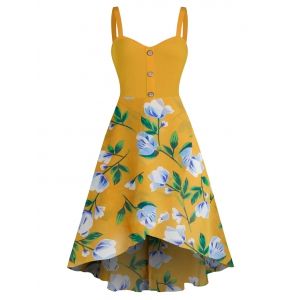 

Sleeveless Flower Print Mock Button High Low Dress, Orange gold