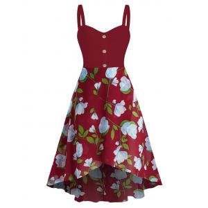 

Sleeveless Flower Print Mock Button High Low Dress, Red wine