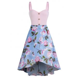 

Sleeveless Flower Print Mock Button High Low Dress, Day sky blue