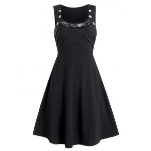 

Mock Button Front Pleated Mini Cami Dress, Black