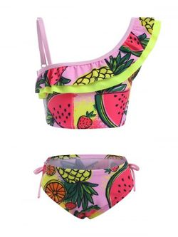 Maillot de Bain Bikini à Imprimé Fruit Noué à Côté à Volants pour Fille - PINK - 36