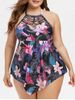 Plus Size Asymmetric Lattice Floral Print Tankini Swimwear -  