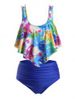 Plus Size Overlay Tie Dye Planet Print Tankini Swimwear -  
