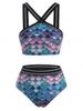 Scale Print Shadow Striped Trim High Waisted Bikini Swimwear -  