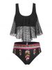 Plus Size Feather Print Lace Overlay Tankini Swimwear -  