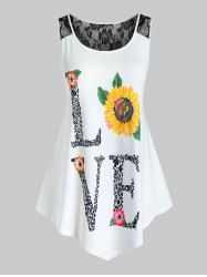 Plus Size Lace Insert Love Sunflower Print Tank Top -  