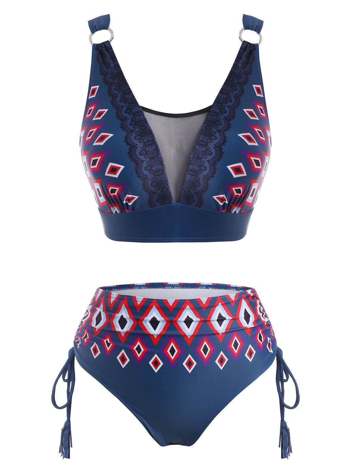 

Geo Mesh Panel Cinched High Waisted Tankini Swimwear, Multi