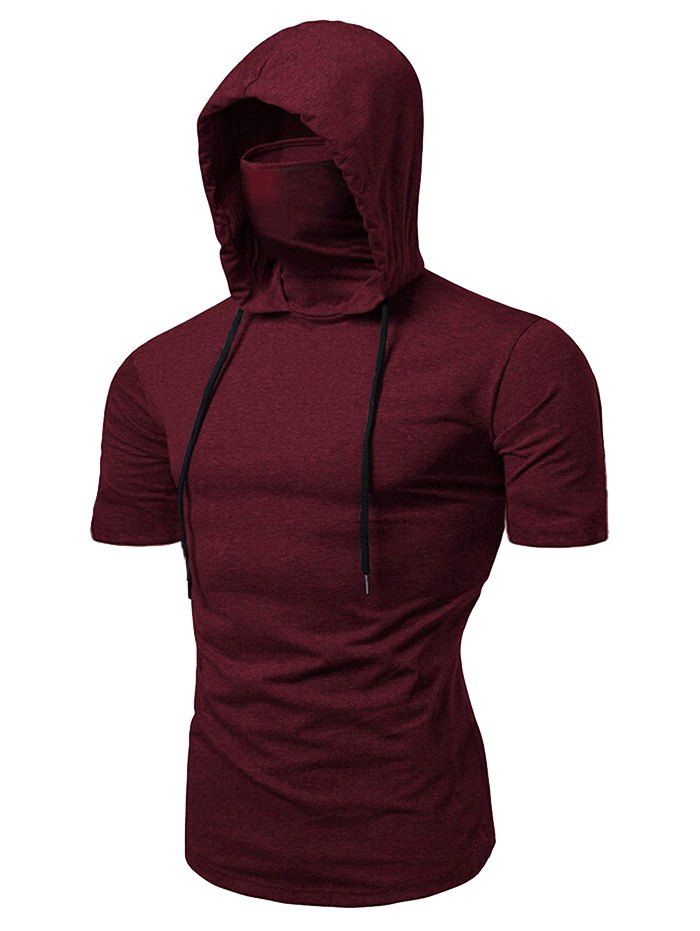 

Bandana Mask Hooded Drawstring Short Sleeve T Shirt, Red wine