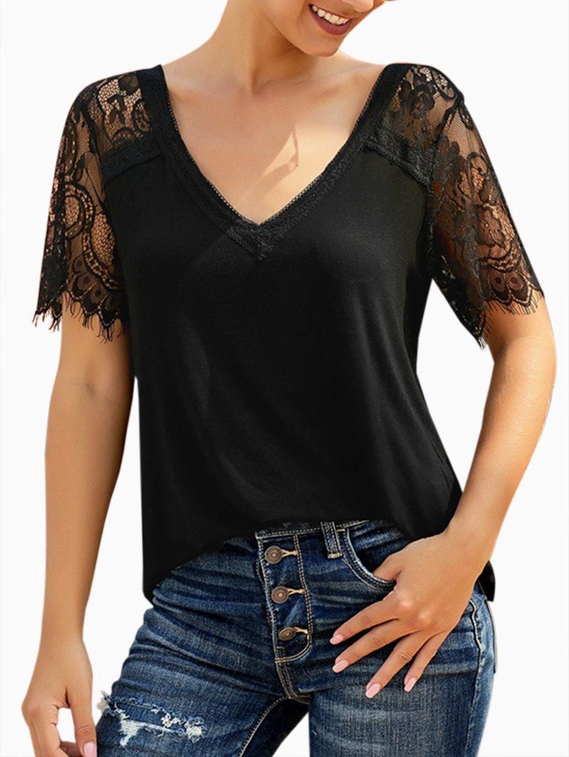 

Lace Panel V Neck Short Sleeve T-shirt, Black