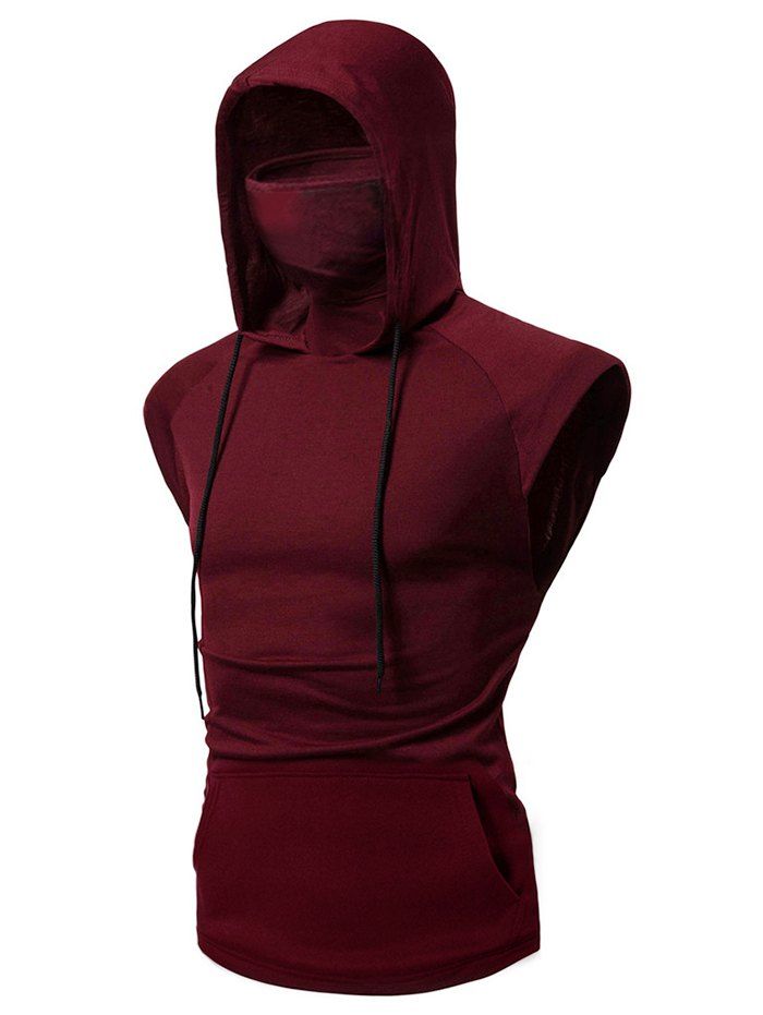 

Bandana Mask Front Pocket Hooded Drawstring Tank Top, Red wine