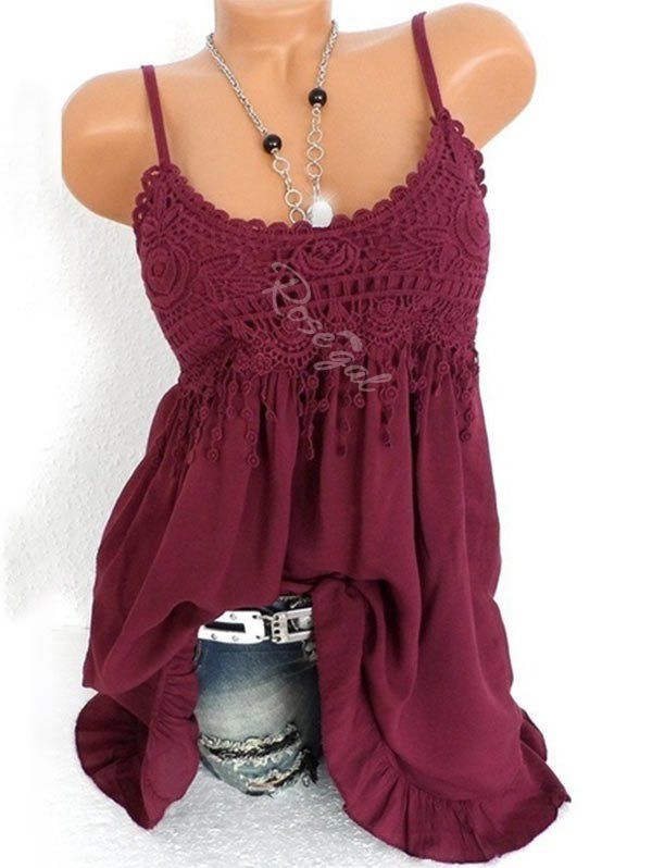 

Plus Size Flounce Lace Crochet Tank Top, Red wine