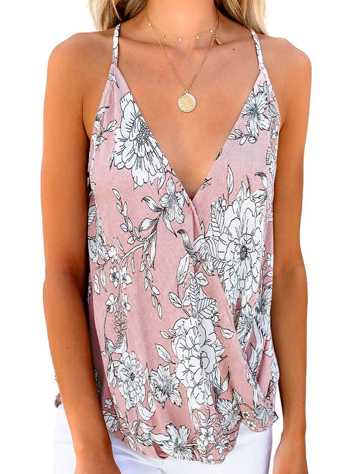 

Floral Print Dip Hem Surplice Cami Top, Pink