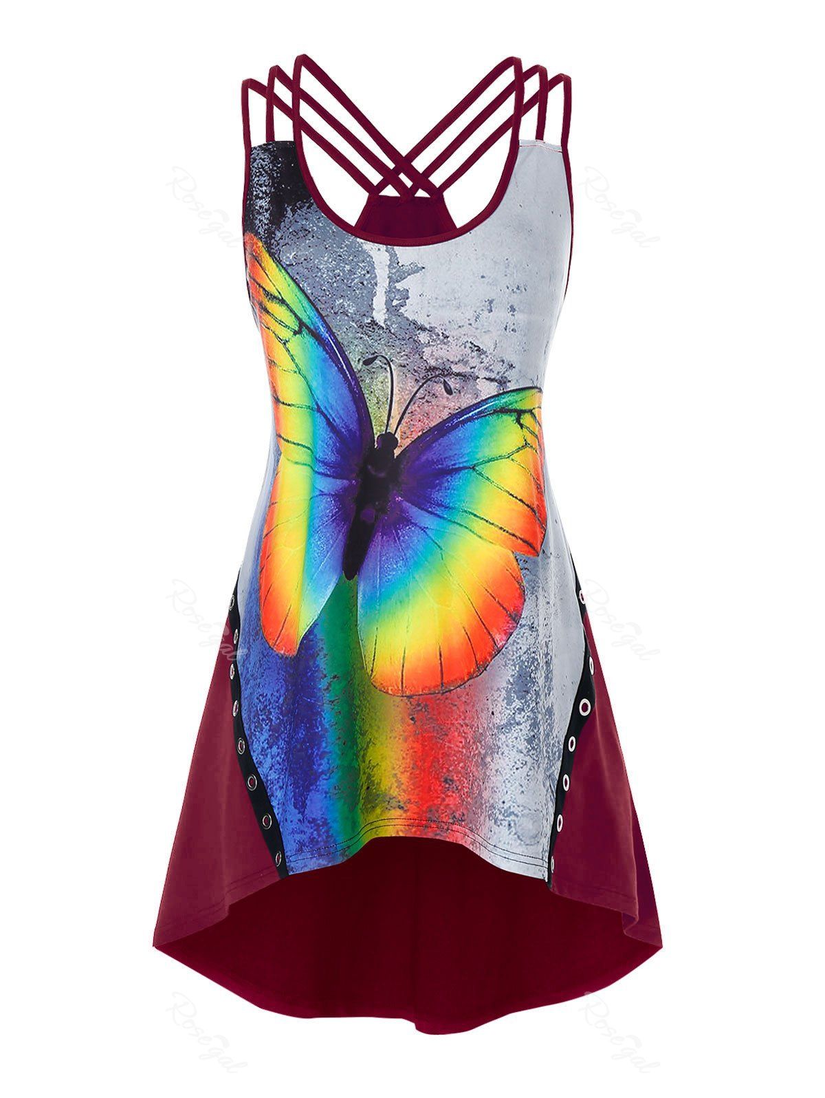 

Plus Size Strappy High Low Rainbow Butterfly Print Tank Top, Red wine