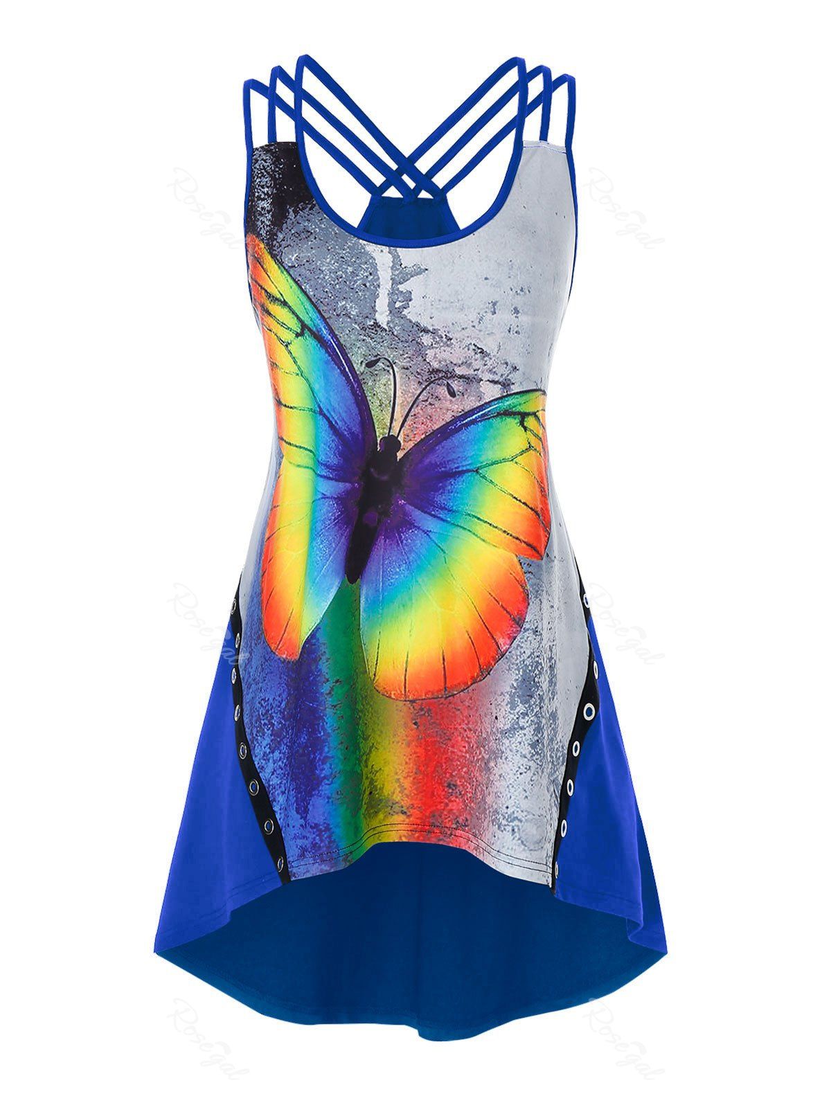 

Plus Size Strappy High Low Rainbow Butterfly Print Tank Top, Ocean blue