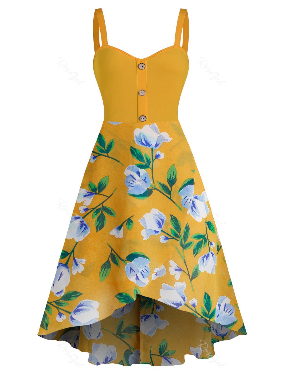 Outfits Sleeveless Flower Print Mock Button High Low Dress  