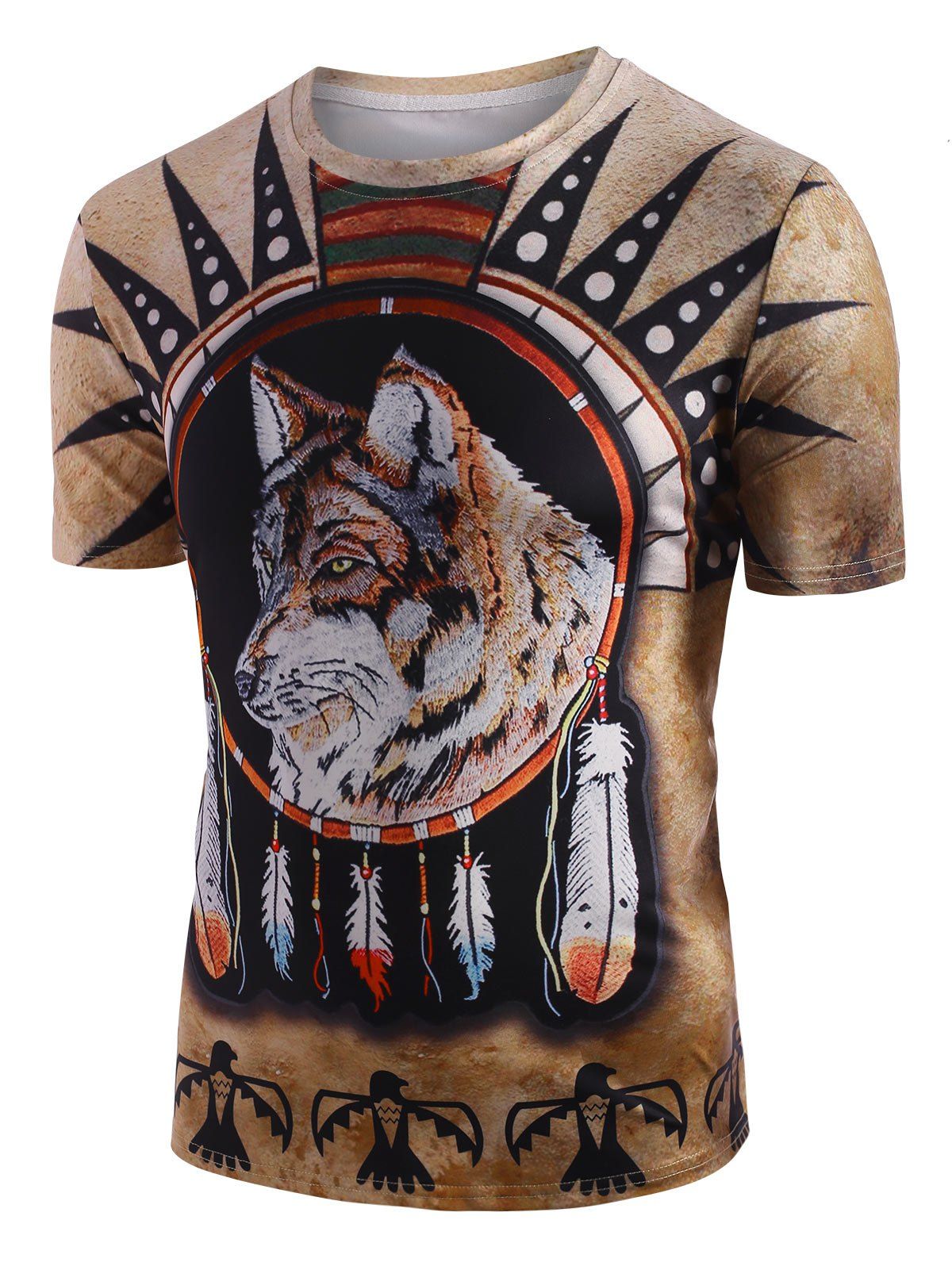 

Wolf Aztec Print Round Neck T-shirt, Camel brown