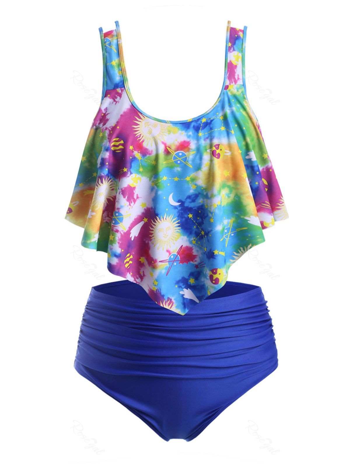Affordable Plus Size Overlay Tie Dye Planet Print Tankini Swimwear  
