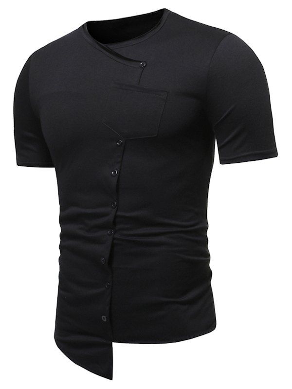

Pure Color Mock Button Pocket Asymmetrical T Shirt, Black