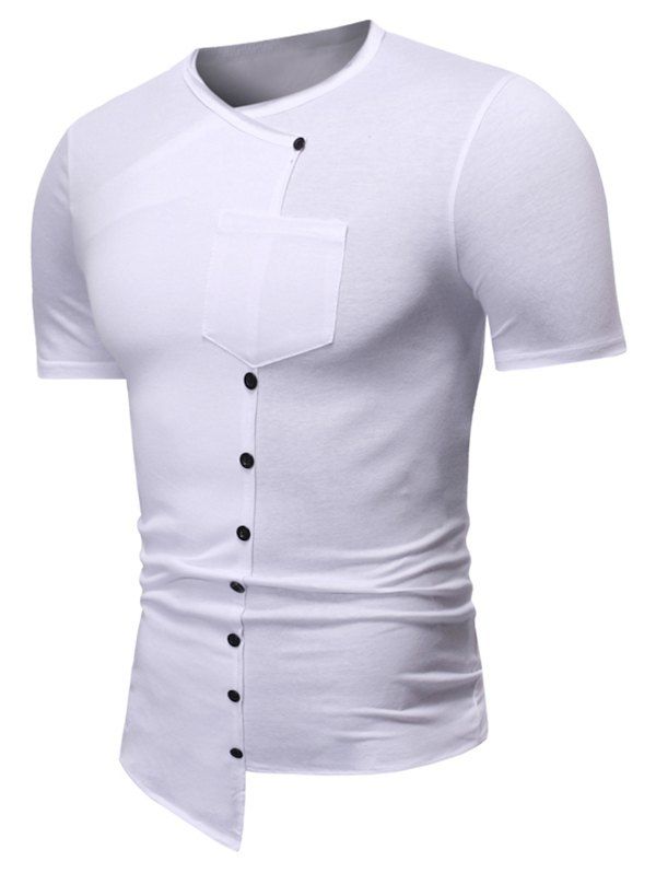 

Pure Color Mock Button Pocket Asymmetrical T Shirt, White