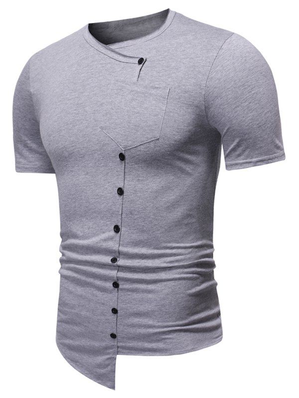 

Pure Color Mock Button Pocket Asymmetrical T Shirt, Light gray