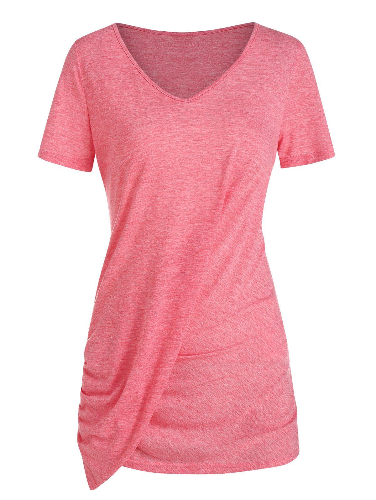 

V Neck Ruched Heathered T-shirt, Watermelon pink