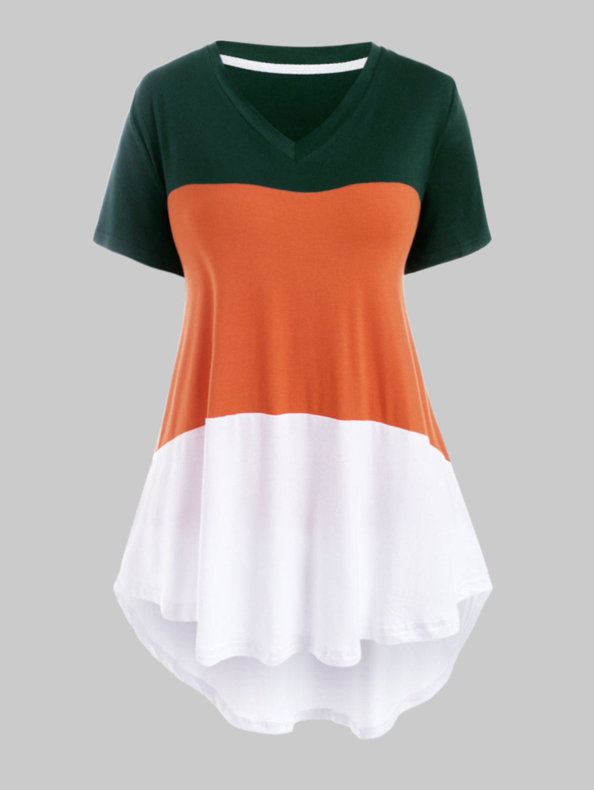 

V Neck Colorblock Stripes Curved Hem Plus Size Tee, Orange