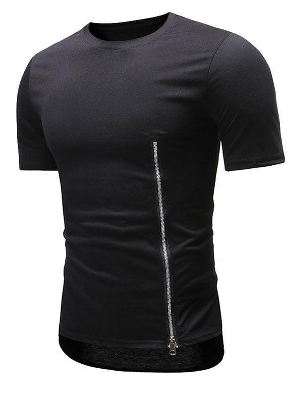 

Side Zip High Low Crew Neck Short Sleeve Tee, Black
