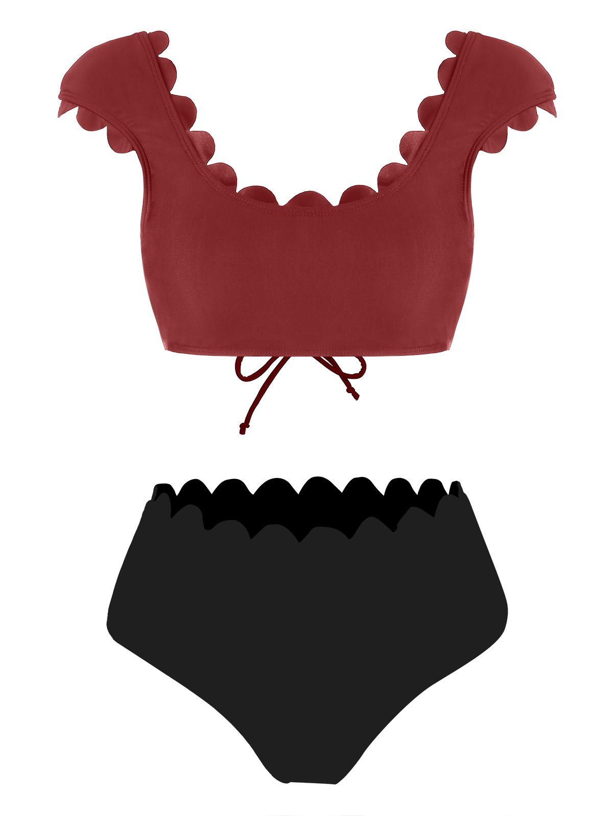

Back Lace Up Scalloped Trim High Waisted Tankini Swimwear, Red wine