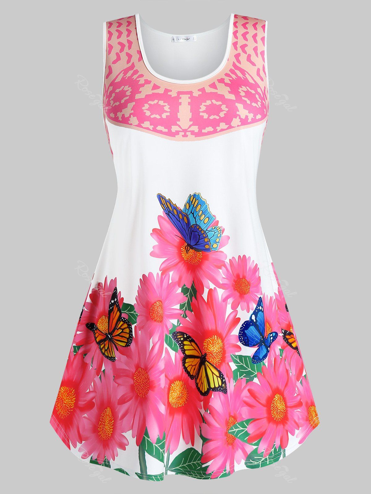 Shop Plus Size Butterfly Flower Print Binding Tunic Tank Top  
