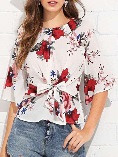 

Textured Floral Tie Cutout Blouse, White