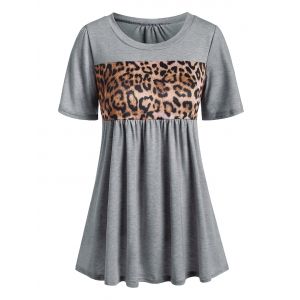 

Leopard Panel Short Sleeve Casual T-shirt, Light gray