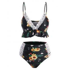 

Sunflower Lace Panel Ruffle Tummy Control Tankini Swimwear, Black