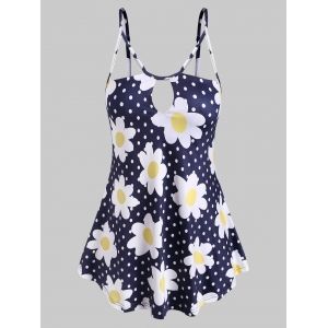 

Keyhole Strappy Daisy Dotted Plus Size Cami Top, Blue