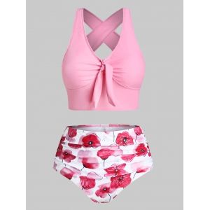 

Plus Size Crisscross Floral Print Tankini Swimwear, Pink rose