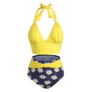 

Knotted High Waisted Daisy Dotted Plus Size Bikini Swimwear, Yellow