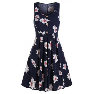 

Button Pleated Flower Printed Dress, Midnight blue
