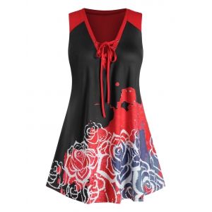 

Plus Size Lace Up Floral Print Tank Top, Black