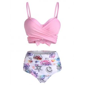 

Shell Starfish Print Tie Dye Padded Bikini Set, Light pink