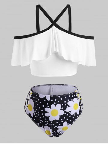 Flounces Cold Shoulder Daisy Dotted Plus Size Tankini Swimwear - BLACK - L