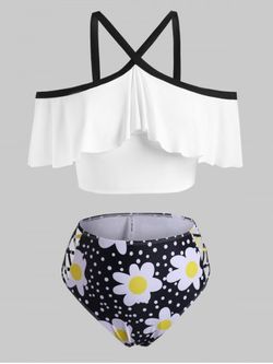 Flounces Cold Shoulder Daisy Dotted Plus Size Tankini Swimwear - BLACK - 2X