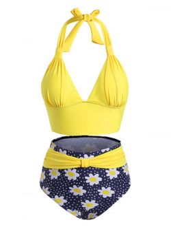Knotted High Waisted Daisy Dotted Plus Size Bikini Swimwear - YELLOW - 5X