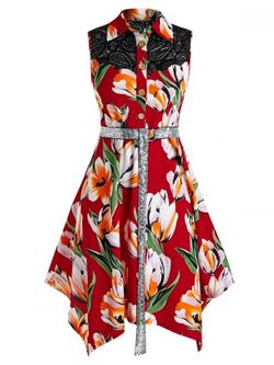 Plus Size Tulip Print Handkerchief Midi Dress - RED WINE - L
