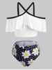Flounces Cold Shoulder Daisy Dotted Plus Size Tankini Swimwear -  
