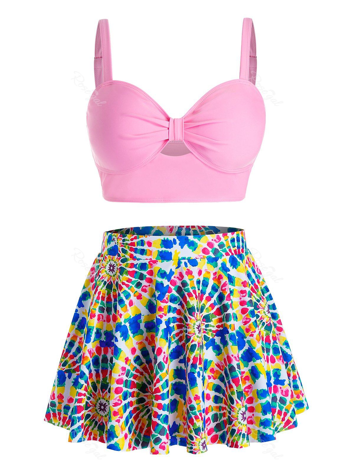 

Plus Size Spiral Tie Dye Print Three Pieces Skirted Tankini Swimwear, Pink