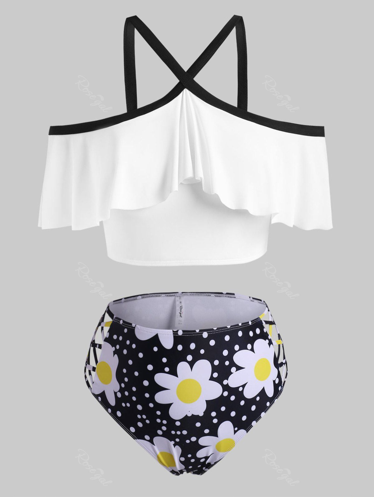 Shop Flounces Cold Shoulder Daisy Dotted Plus Size Tankini Swimwear  