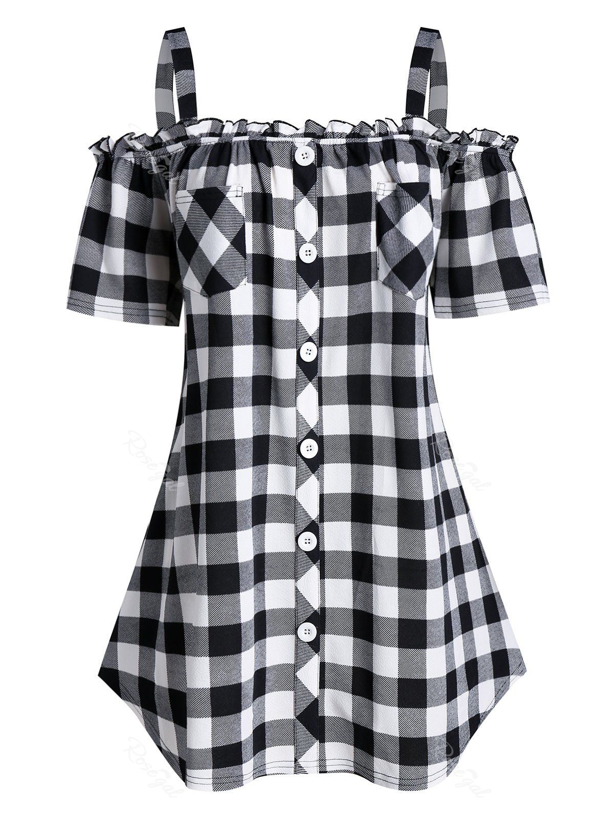

Plus Size Plaid Cold Shoulder Buttoned Pocket Frilled Tee, Black