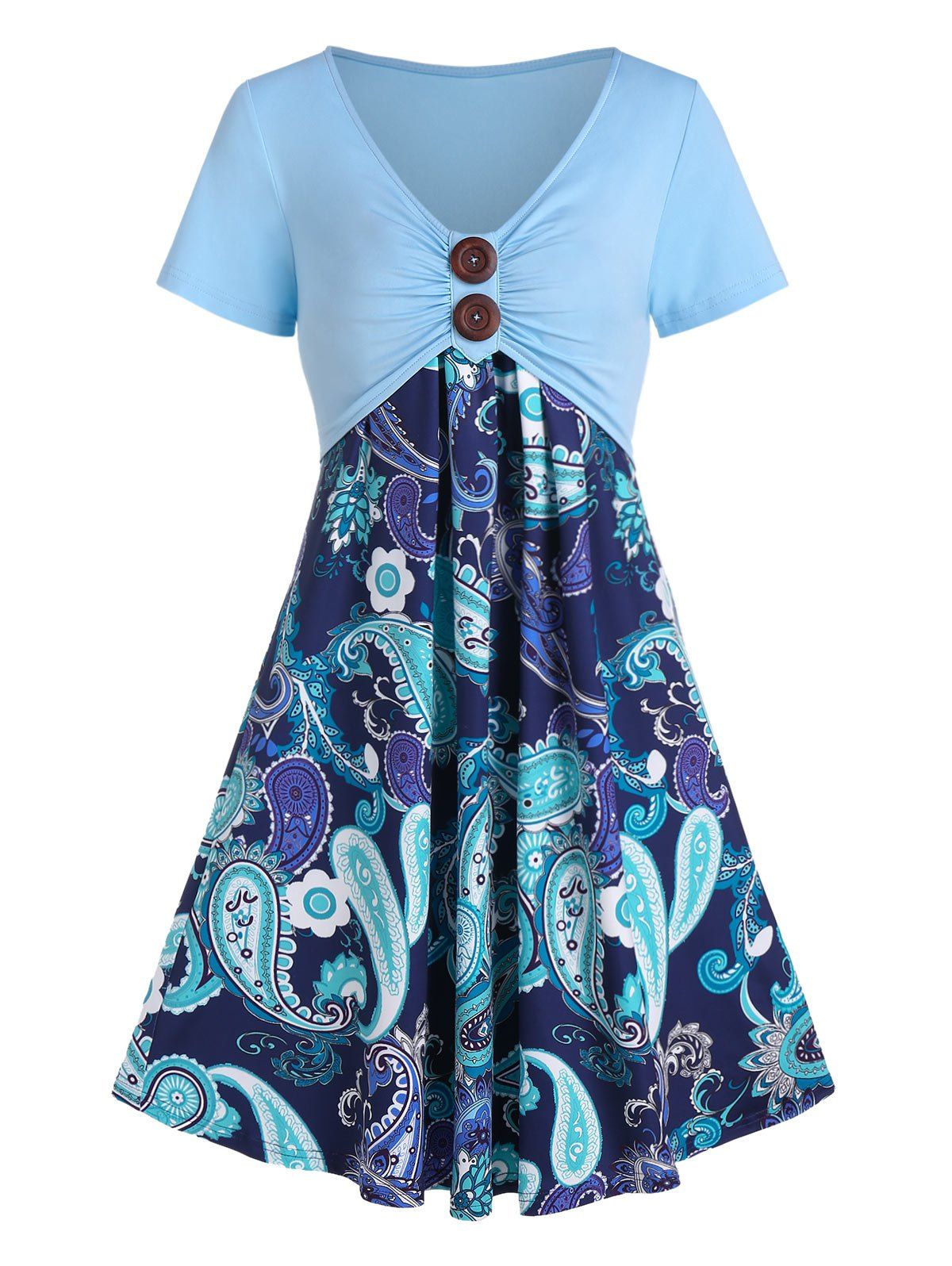 

V Neck Crop Top And Paisley Print Cami Dress Set, Light blue