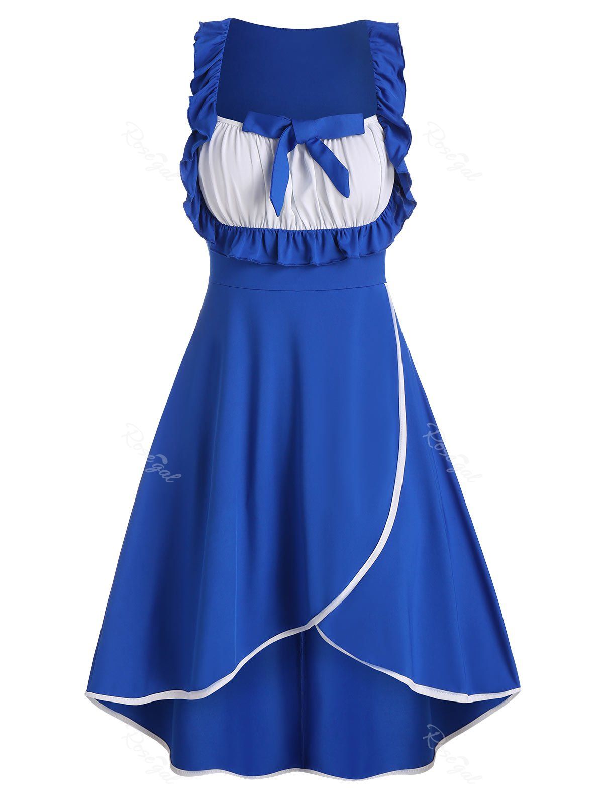 

Bowknot Ruffles Colorblock High Low Dress, Cobalt blue