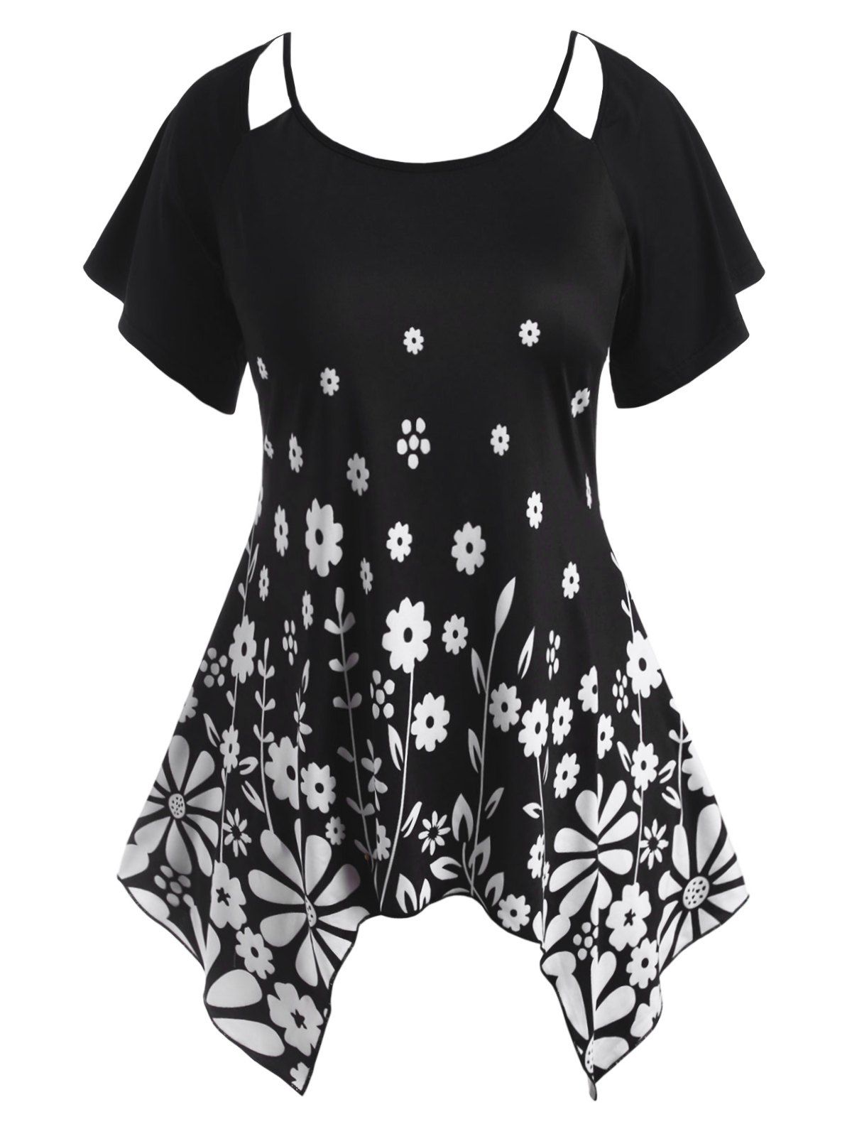 

Raglan Sleeve Handkerchief Daisy Cut Out Plus Size Top, Black