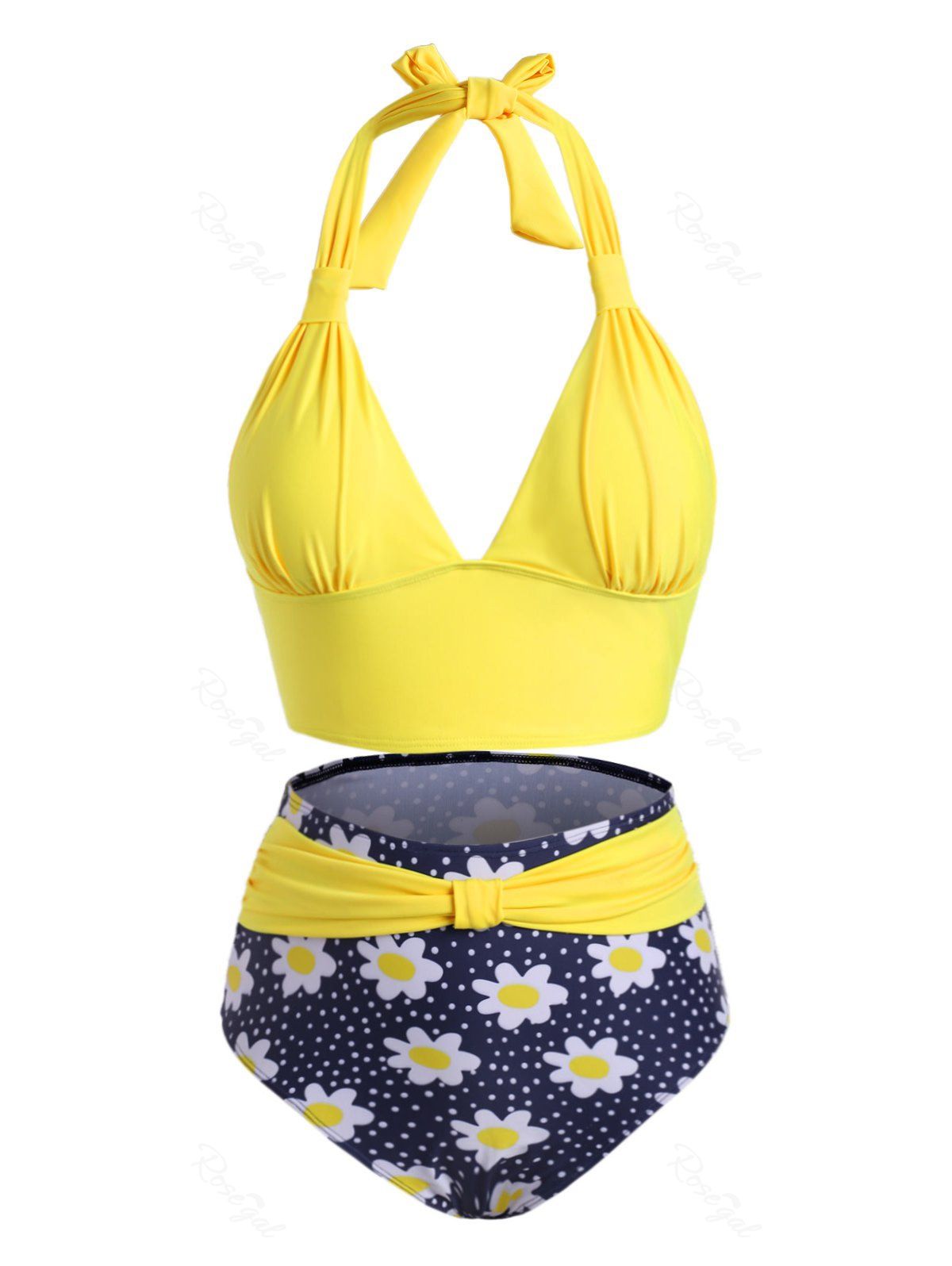 

Knotted High Waisted Daisy Dotted Plus Size Bikini Swimwear, Yellow